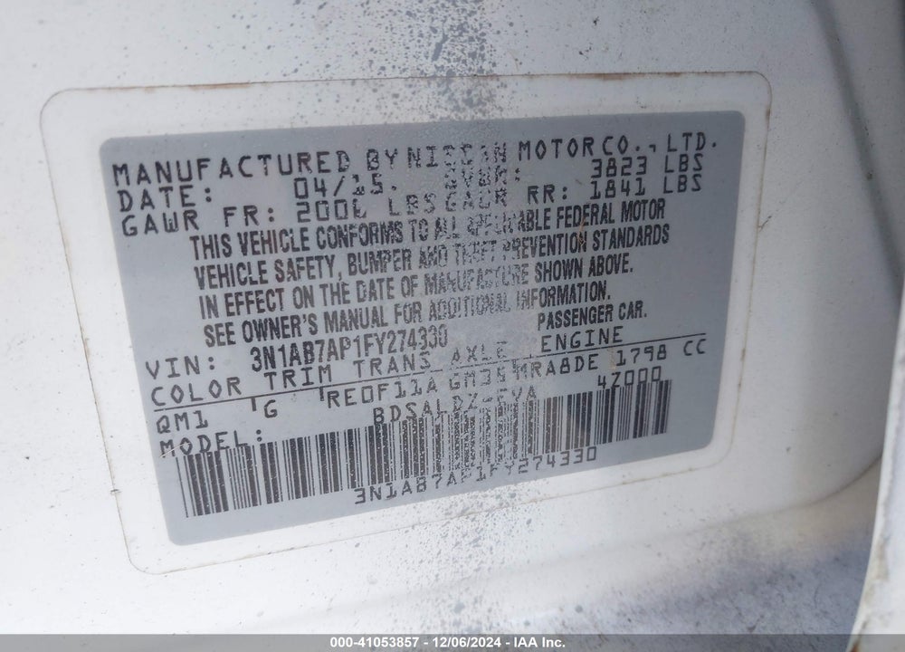 2015 NISSAN SENTRA FE+ S/S/SL/SR/SV VIN: 3N1AB7AP1FY274330