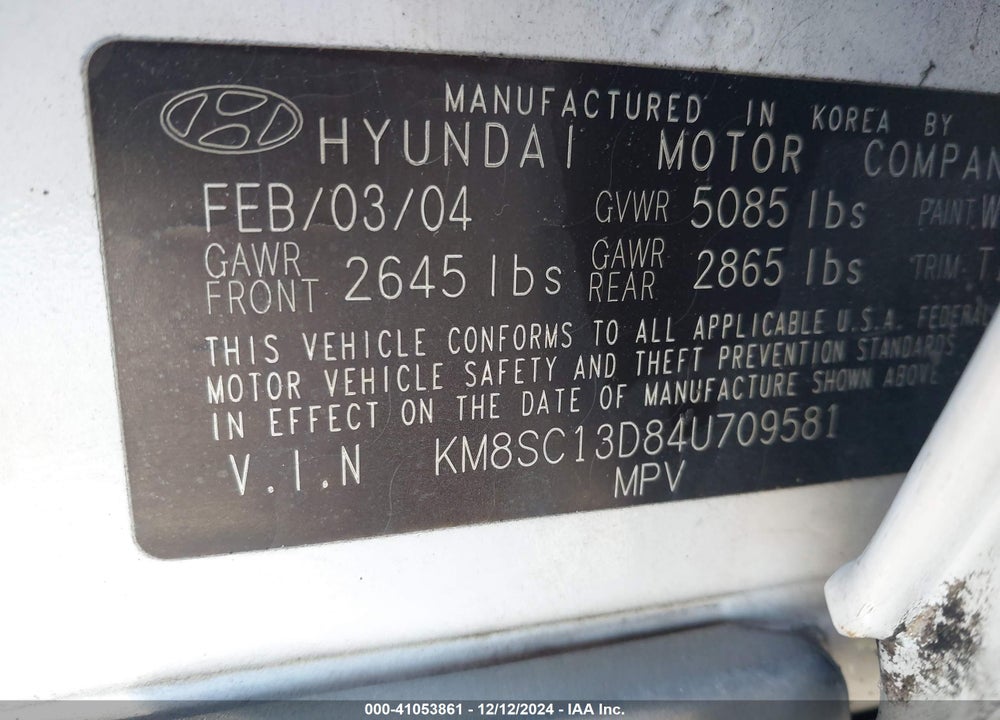 2004 HYUNDAI SANTA FE GLS VIN: KM8SC13D84U709581