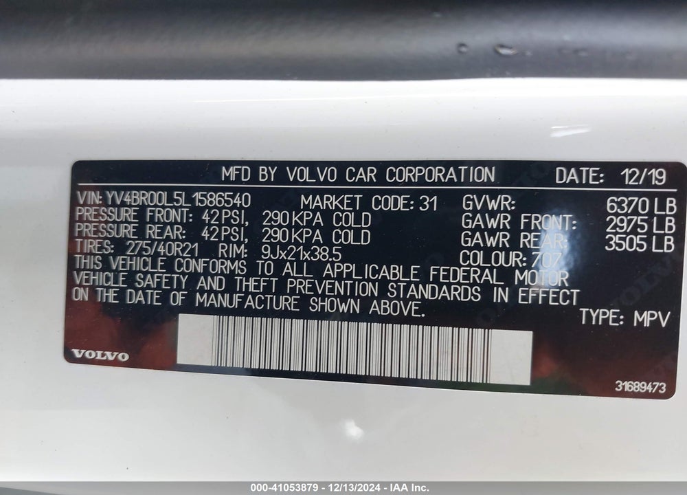 2020 VOLVO XC90 HYBRID T8 INSCRIPTION 6 PASSENGER VIN: YV4BR00L5L1586540