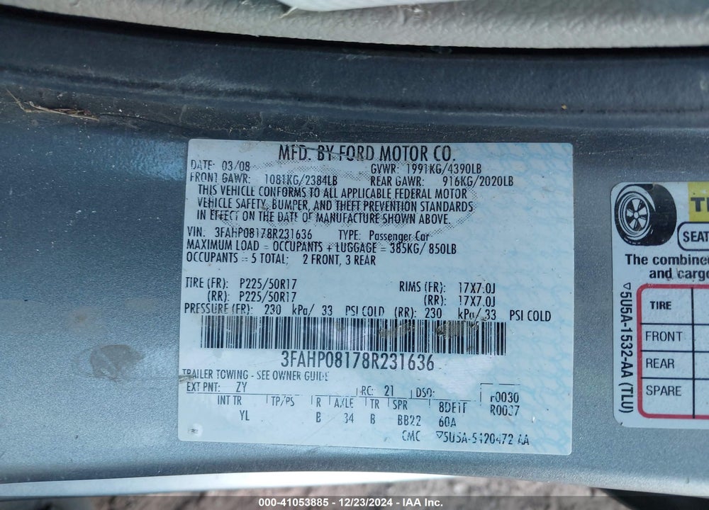 2008 FORD FUSION VIN: 3FAHP08178R231636