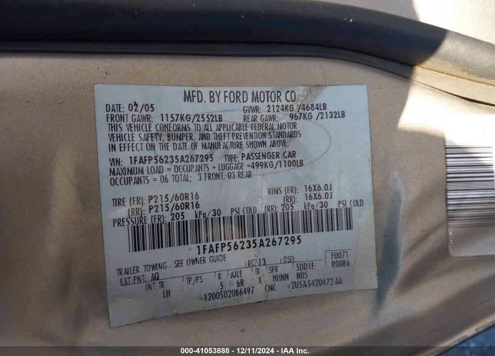 2005 FORD TAURUS SEL VIN: 1FAFP56235A267295