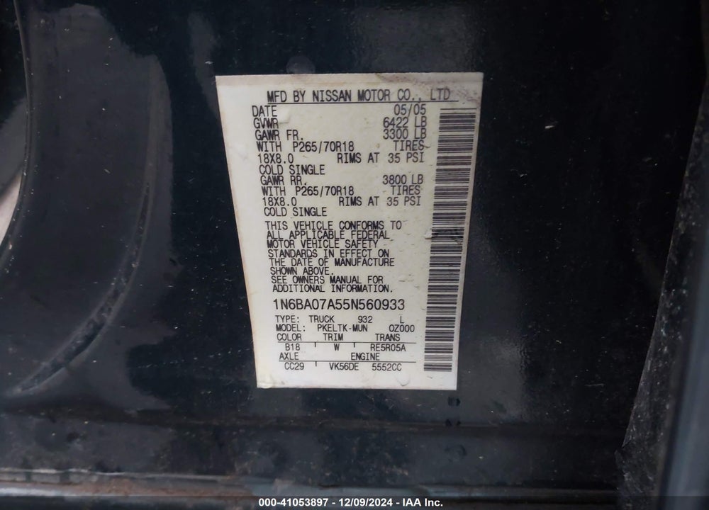 2005 NISSAN TITAN SE VIN: 1N6BA07A55N560933