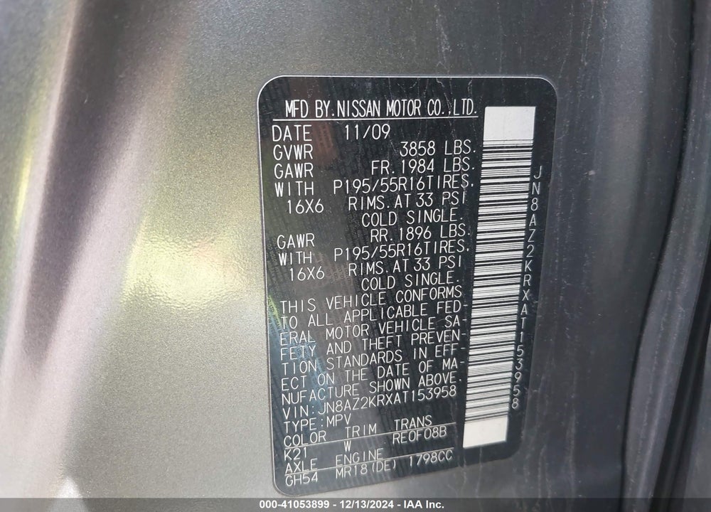 2010 NISSAN CUBE 1.8SL VIN: JN8AZ2KRXAT153958