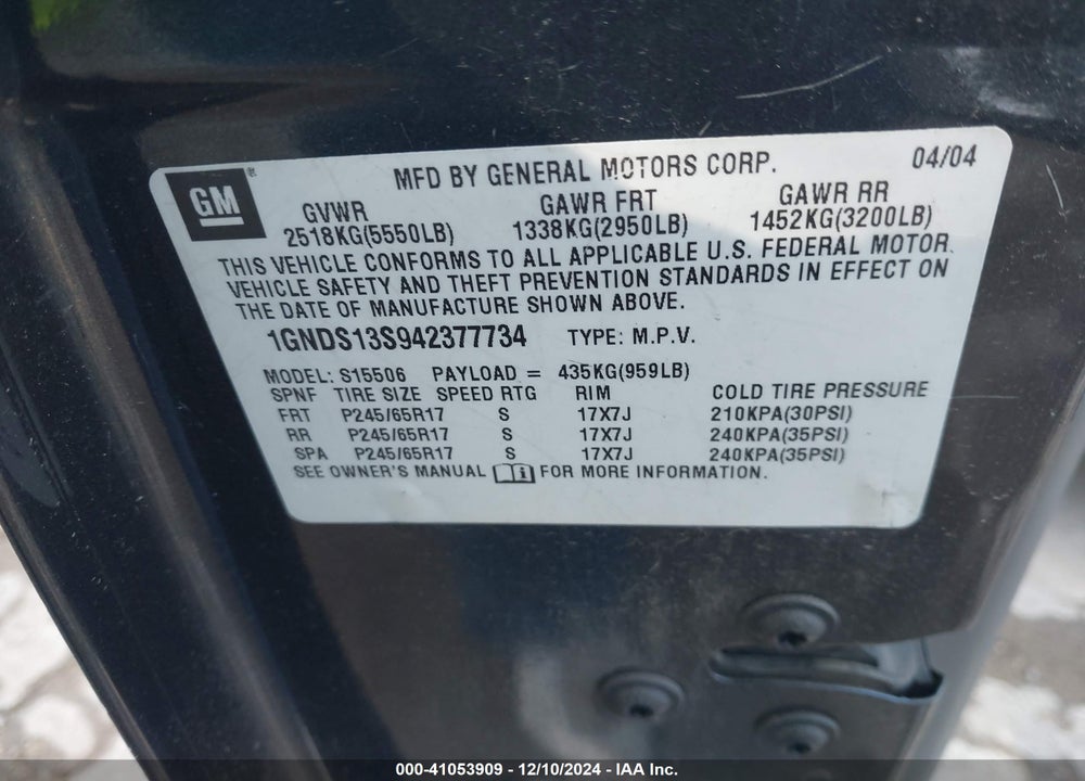 2004 CHEVROLET TRAILBLAZER LT VIN: 1GNDS13S942377734
