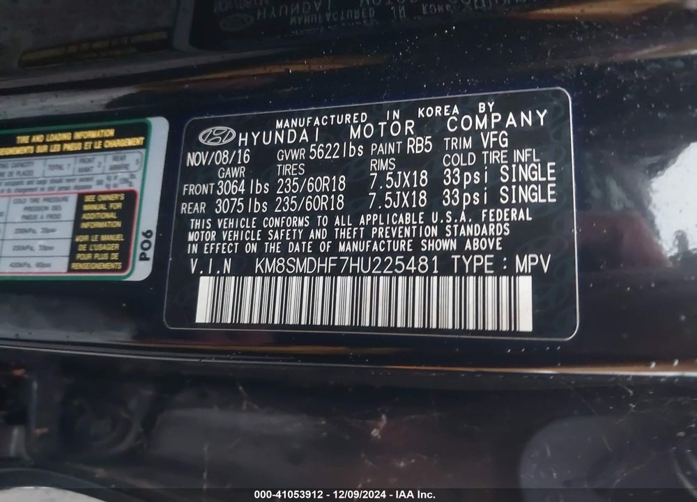 2017 HYUNDAI SANTA FE SE VIN: KM8SMDHF7HU225481