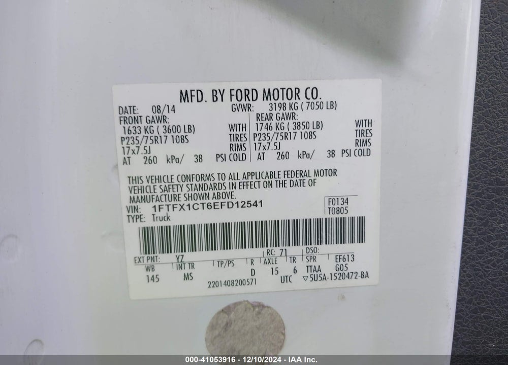 2014 FORD F-150 XLT VIN: 1FTFX1CT6EFD12541