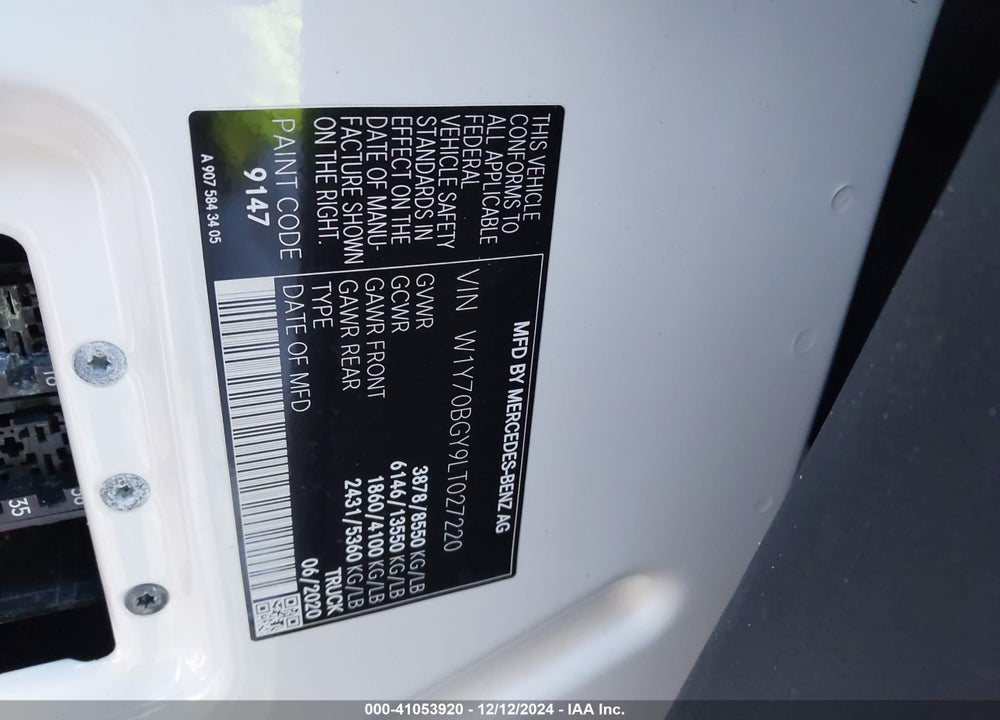2020 MERCEDES-BENZ SPRINTER 1500 STANDARD ROOF I4 VIN: W1Y70BGY9LT027220