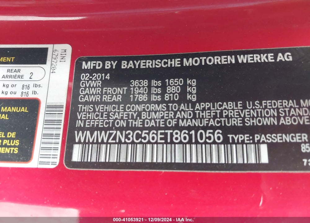 2014 MINI CONVERTIBLE COOPER VIN: WMWZN3C56ET861056