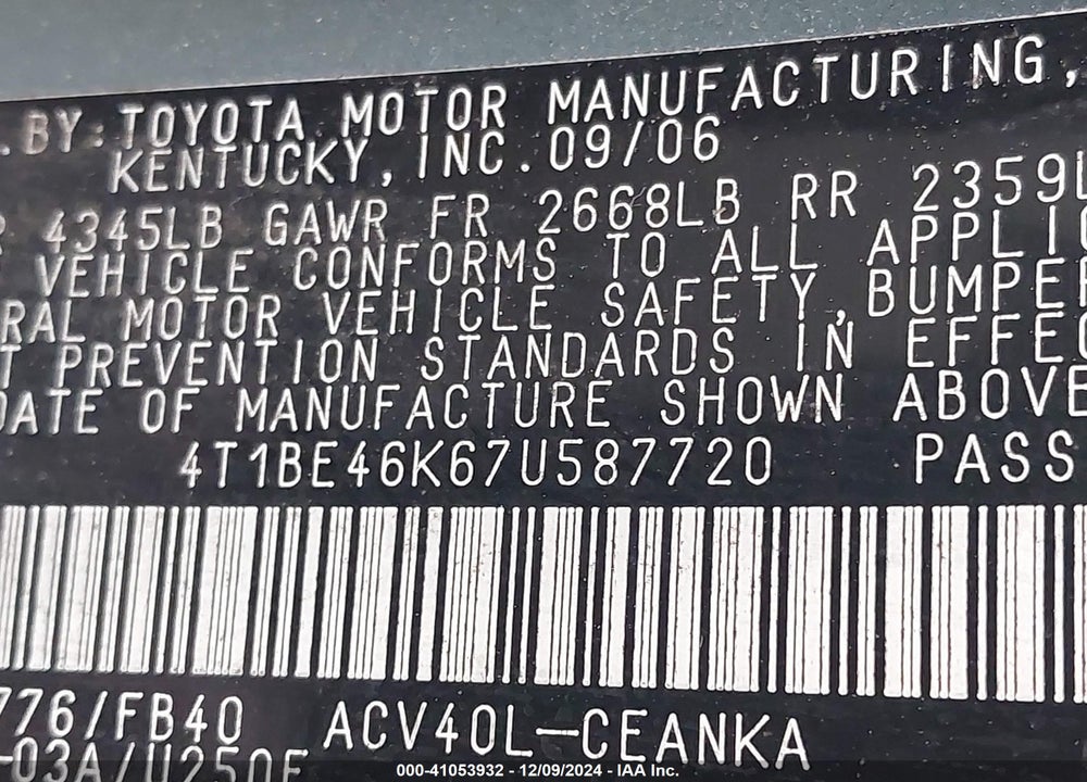 2007 TOYOTA CAMRY VIN: 4T1BE46K67U587720