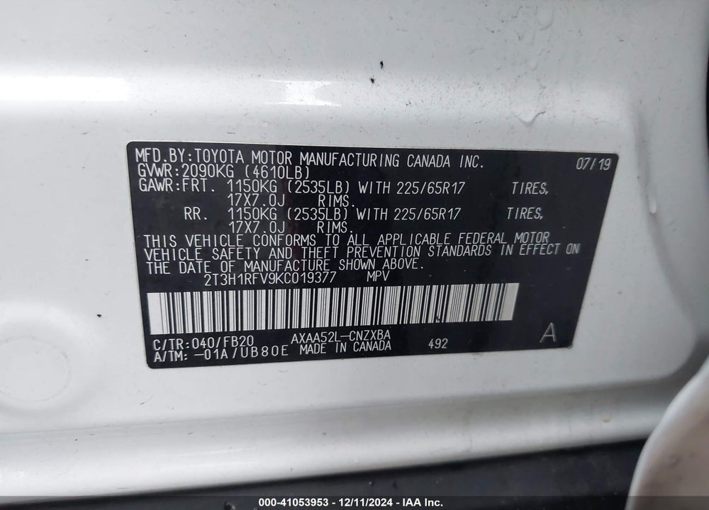 2019 TOYOTA RAV4 LE VIN: 2T3H1RFV9KC019377