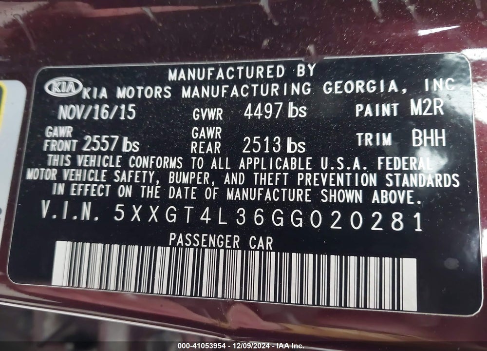 2016 KIA OPTIMA LX VIN: 5XXGT4L36GG020281