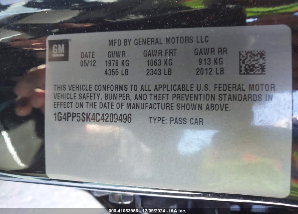 2012 BUICK VERANO VIN: 1G4PP5SK4C4209496