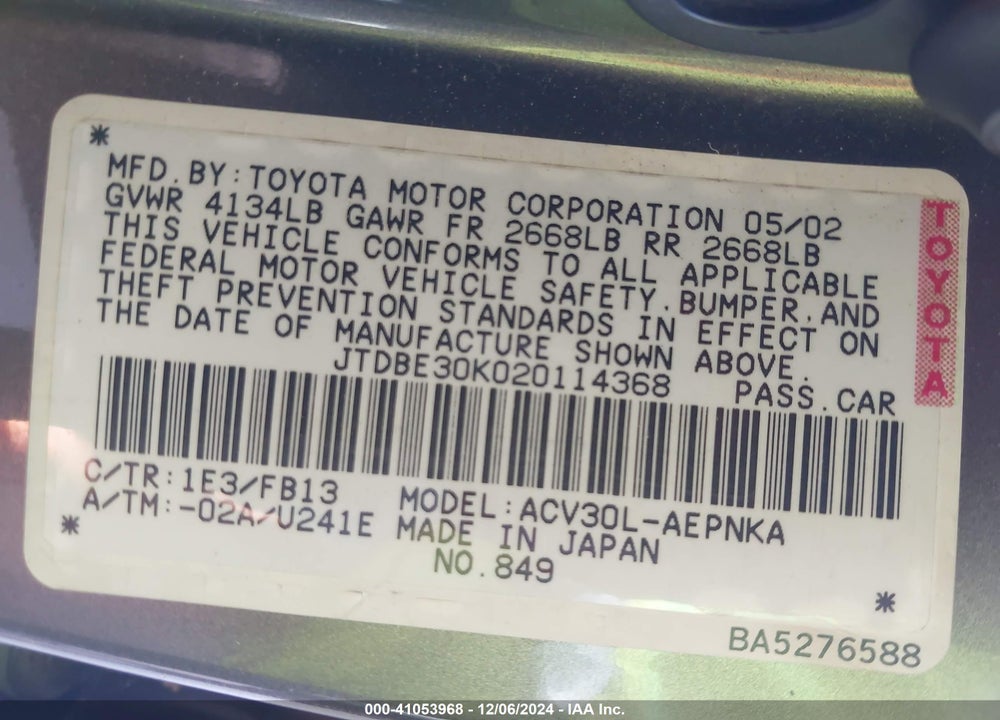 2002 TOYOTA CAMRY LE VIN: JTDBE30K020114368