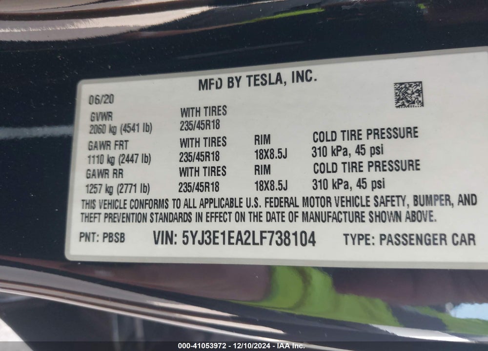 2020 TESLA MODEL 3 STANDARD RANGE PLUS REAR-WHEEL DRIVE/STANDARD RANGE REAR-WHEEL DRIVE VIN: 5YJ3E1EA2LF738104