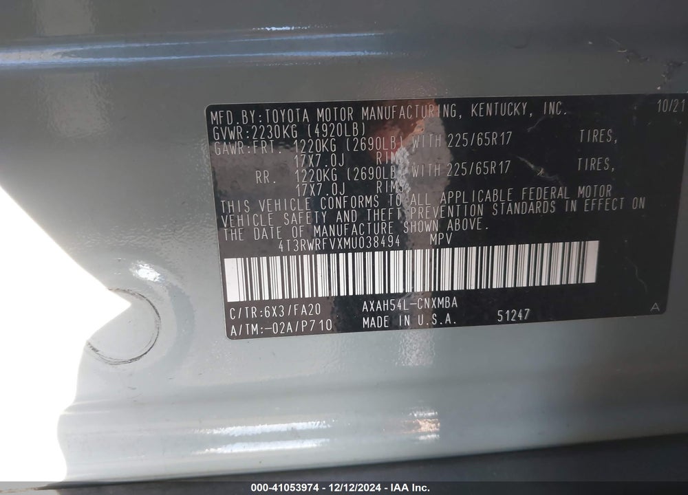 2021 TOYOTA RAV4 HYBRID XLE VIN: 4T3RWRFVXMU038494