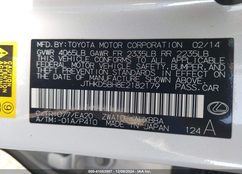 2014 LEXUS CT 200H VIN: JTHKD5BH8E2182179