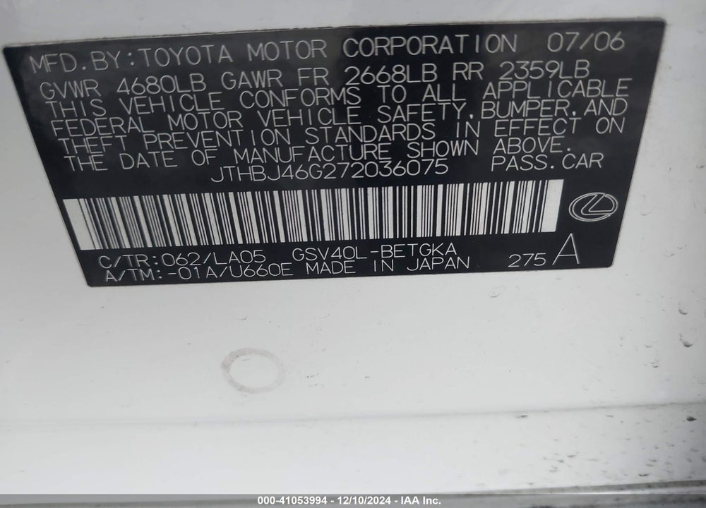 2007 LEXUS ES 350 VIN: JTHBJ46G272036075