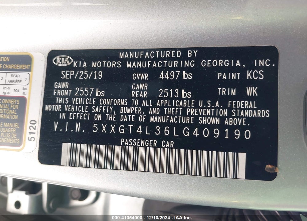 2020 KIA OPTIMA LX VIN: 5XXGT4L36LG409190