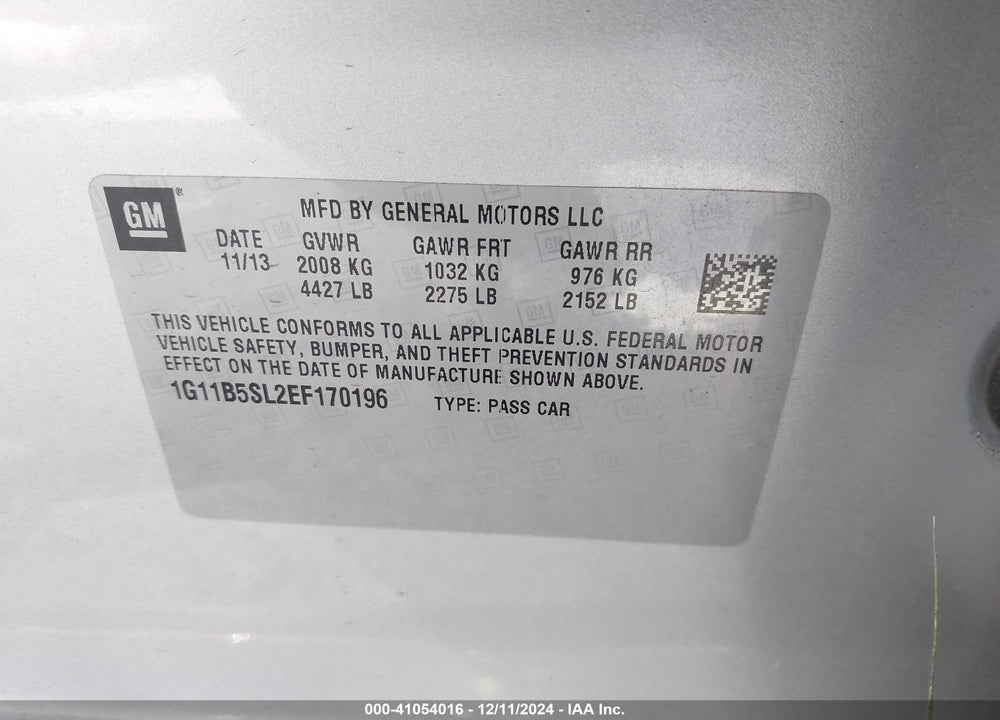 2014 CHEVROLET MALIBU 1LS VIN: 1G11B5SL2EF170196