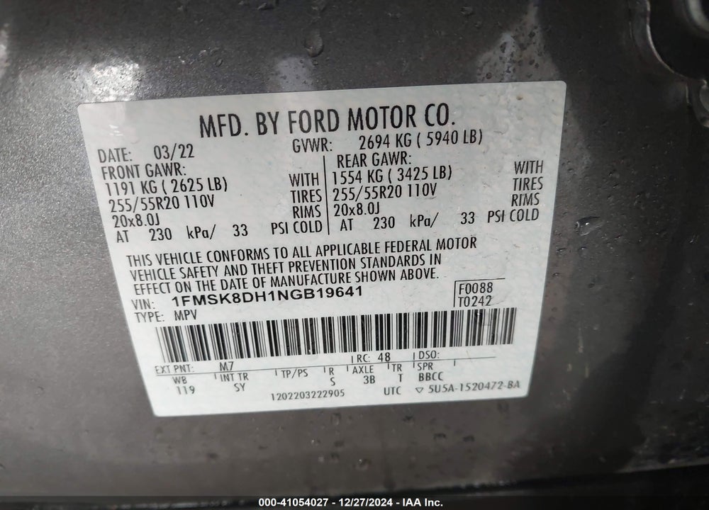 2022 FORD EXPLORER XLT VIN: 1FMSK8DH1NGB19641