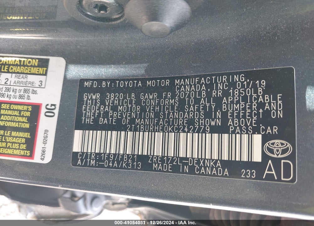 2019 TOYOTA COROLLA LE VIN: 2T1BURHE0KC242779