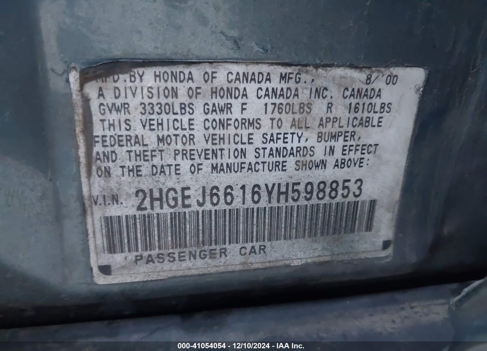 2000 HONDA CIVIC VALUE PACKAGE VIN: 2HGEJ6616YH598853
