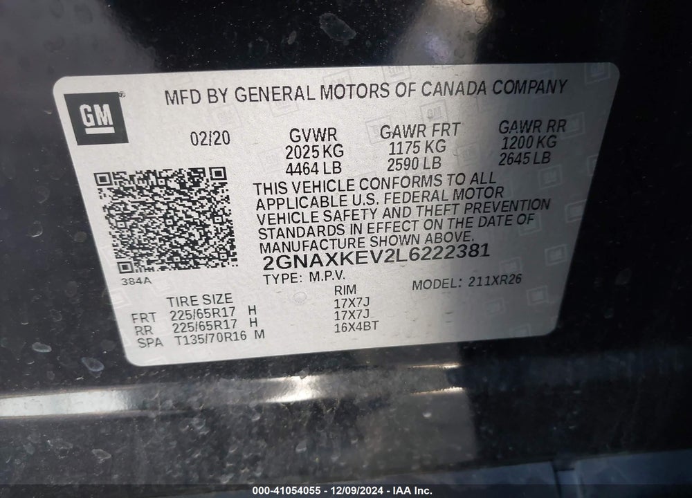 2020 CHEVROLET EQUINOX FWD LT 1.5L TURBO VIN: 2GNAXKEV2L6222381
