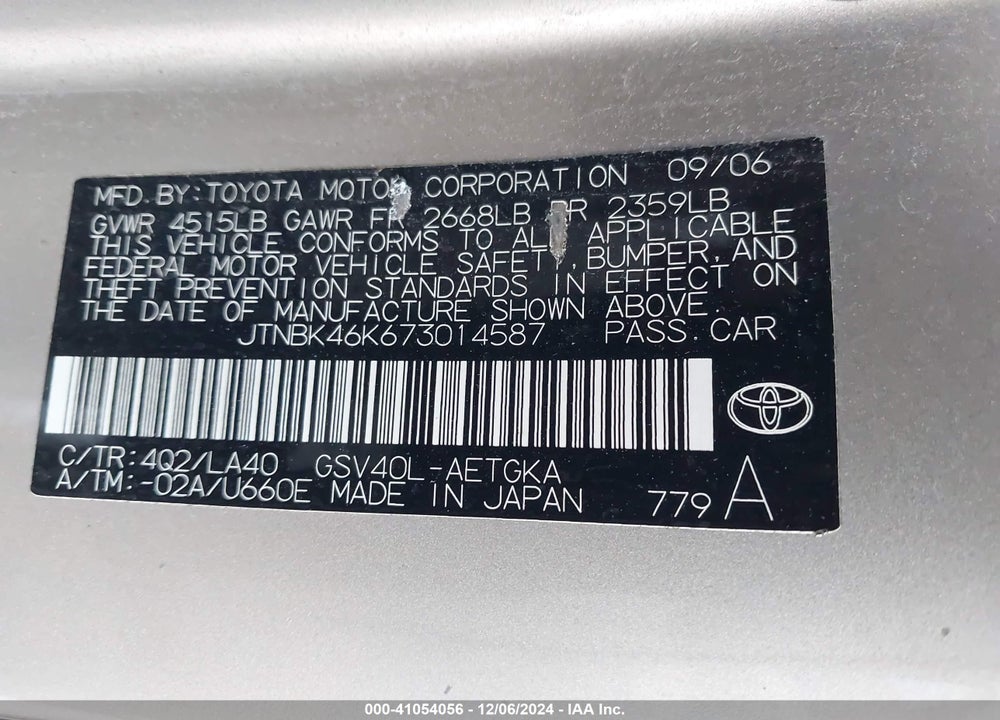 2007 TOYOTA CAMRY XLE V6 VIN: JTNBK46K673014587