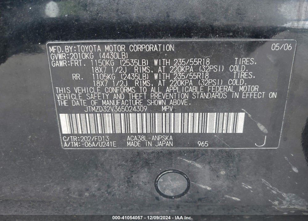 2006 TOYOTA RAV4 SPORT VIN: JTMZD32V365024309