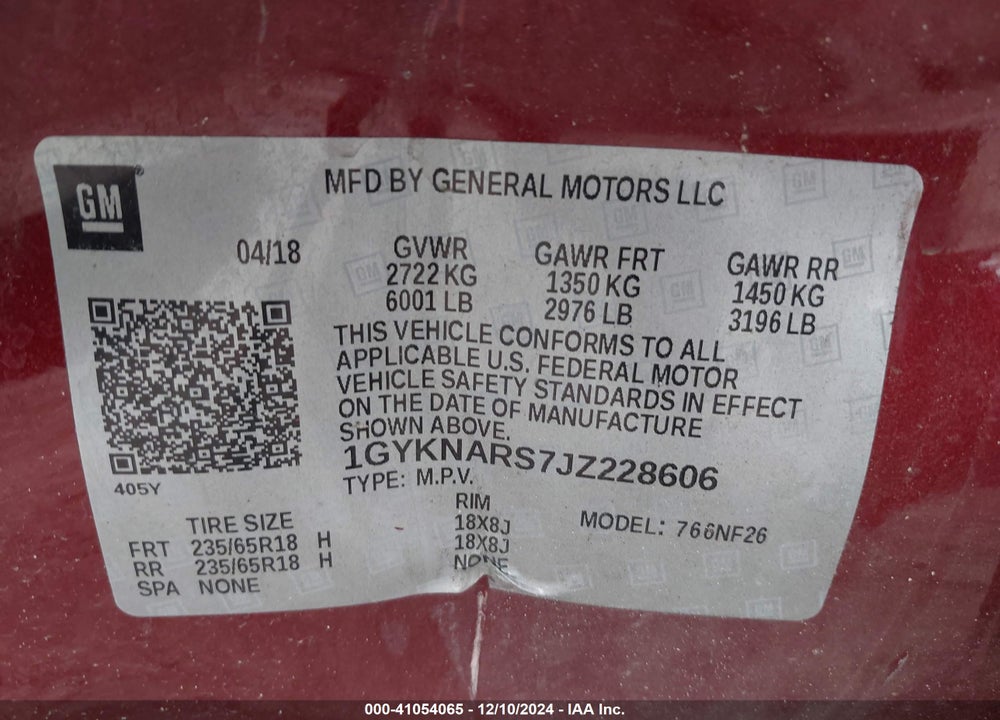 2018 CADILLAC XT5 STANDARD VIN: 1GYKNARS7JZ228606