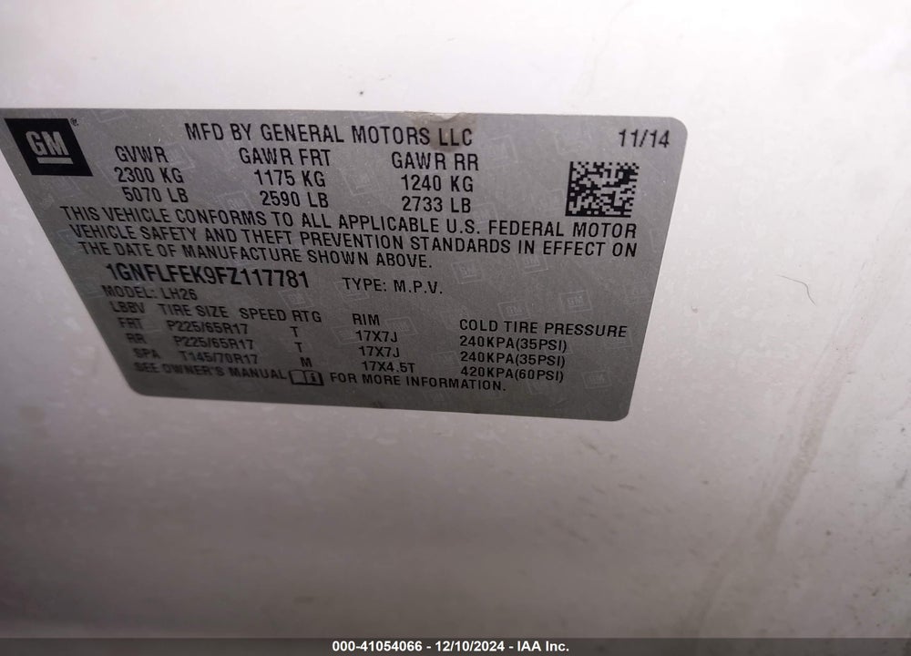 2015 CHEVROLET EQUINOX 1LT VIN: 1GNFLFEK9FZ117781
