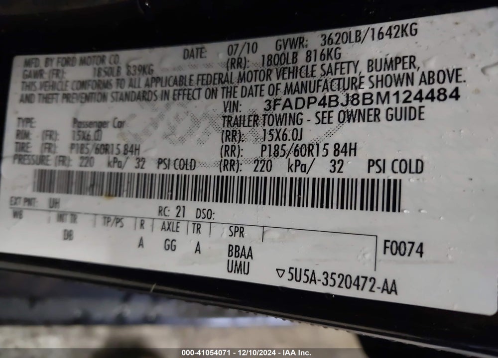 2011 FORD FIESTA SE VIN: 3FADP4BJ8BM124484
