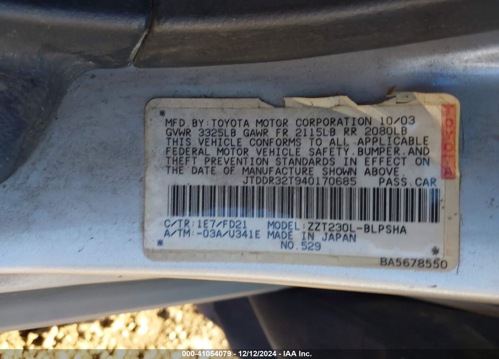 2004 TOYOTA CELICA GT VIN: JTDDR32T940170685