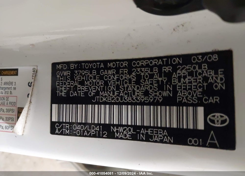 2008 TOYOTA PRIUS TOURING VIN: JTDKB20U383395979
