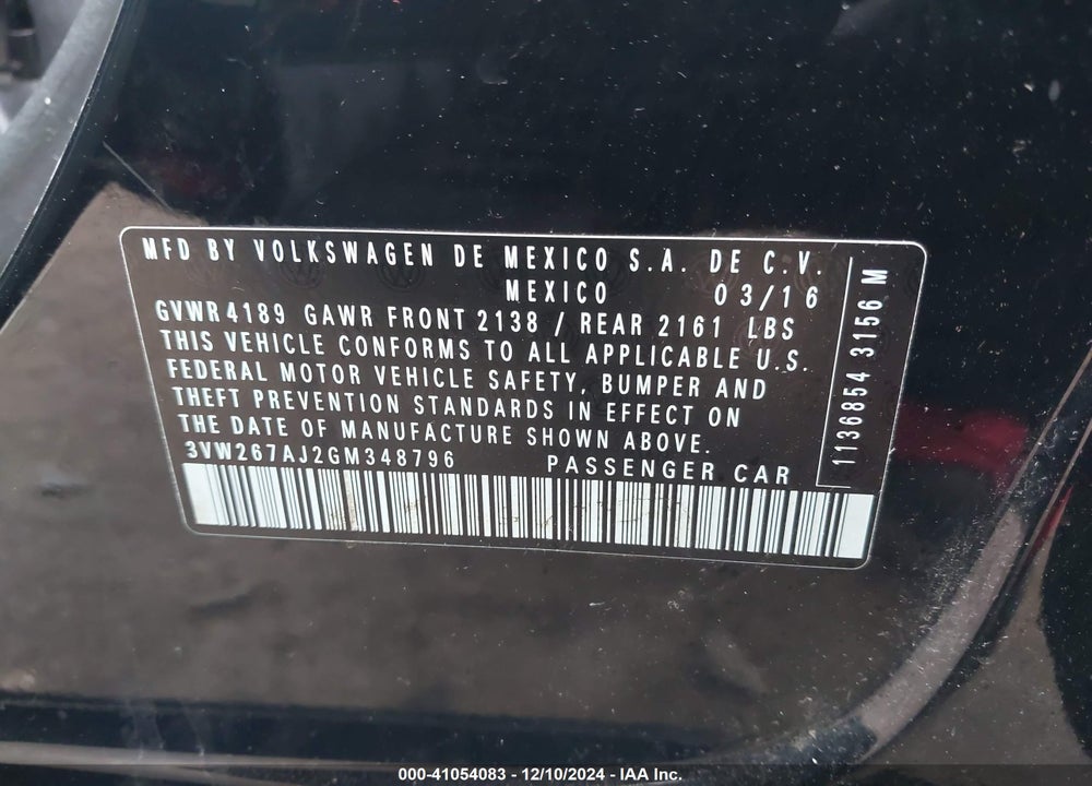 2016 VOLKSWAGEN JETTA VIN: 3VW267AJ2GM348796
