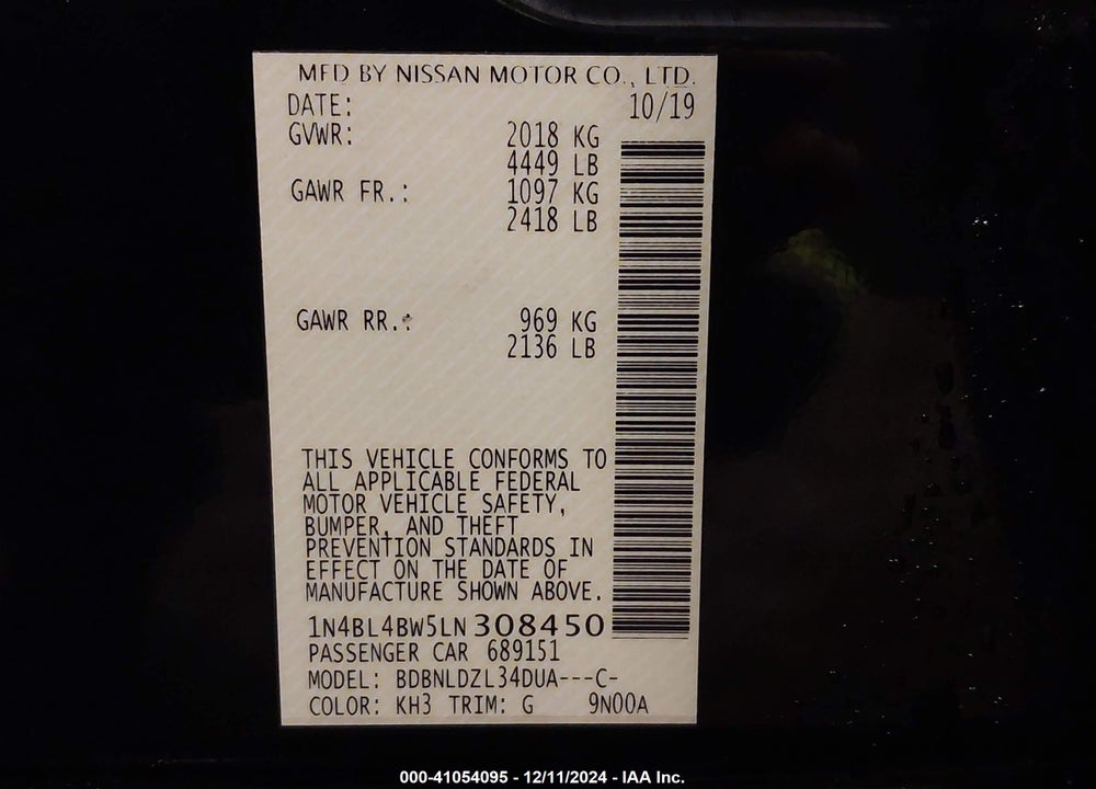 2020 NISSAN ALTIMA S INTELLIGENT AWD VIN: 1N4BL4BW5LN308450