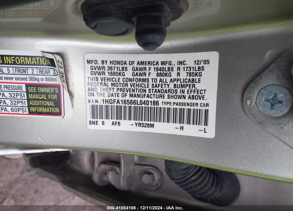 2006 HONDA CIVIC LX VIN: 1HGFA16566L040186