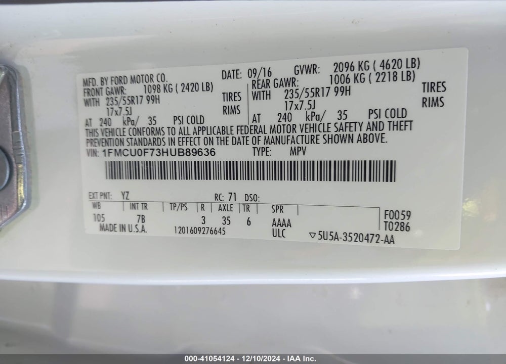2017 FORD ESCAPE S VIN: 1FMCU0F73HUB89636