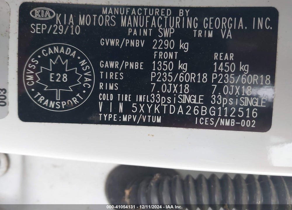 2011 KIA SORENTO LX V6 VIN: 5XYKTDA26BG112516