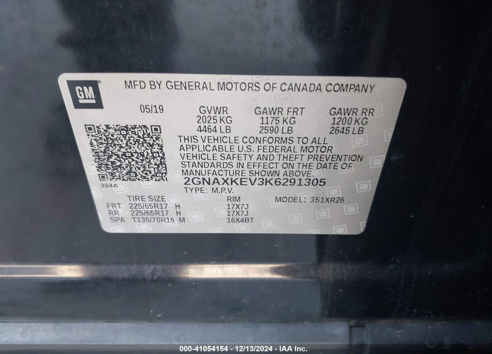 2019 CHEVROLET EQUINOX LT VIN: 2GNAXKEV3K6291305