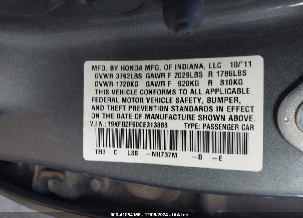 2012 HONDA CIVIC EX-L VIN: 19XFB2F90CE313888