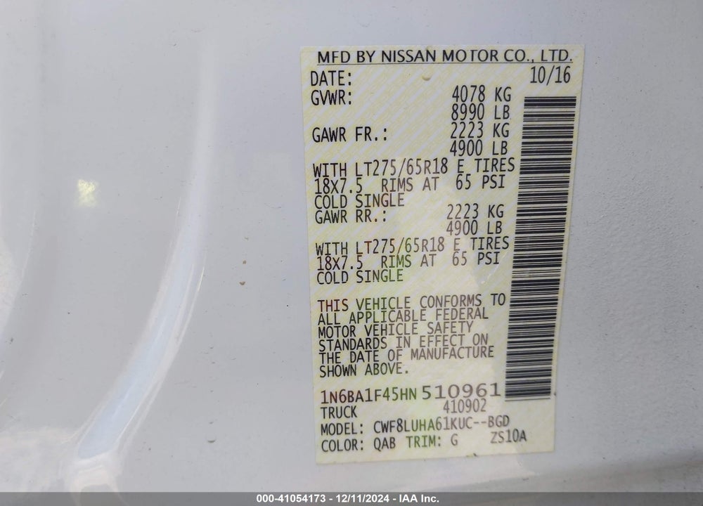 2017 NISSAN TITAN XD VIN: 1N6BA1F45HN510961