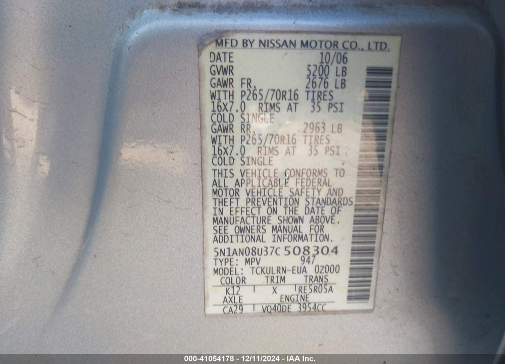 2007 NISSAN XTERRA S VIN: 5N1AN08U37C508304