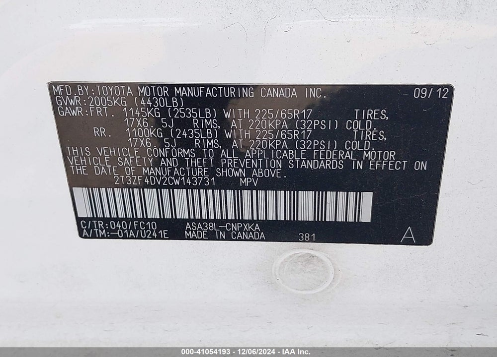 2012 TOYOTA RAV4 VIN: 2T3ZF4DV2CW143731