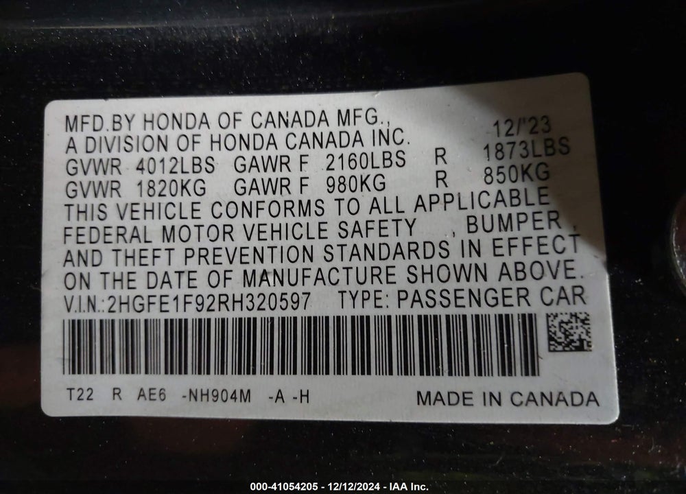 2024 HONDA CIVIC VIN: 2HGFE1F92RH320597