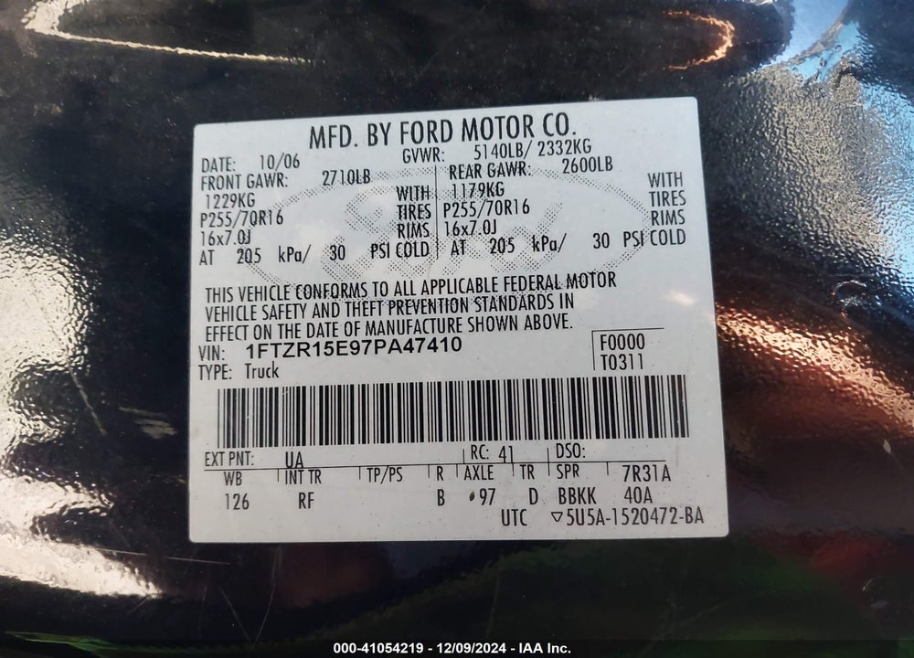 2007 FORD RANGER FX4 OFF-ROAD/SPORT/XL/XLT VIN: 1FTZR15E97PA47410