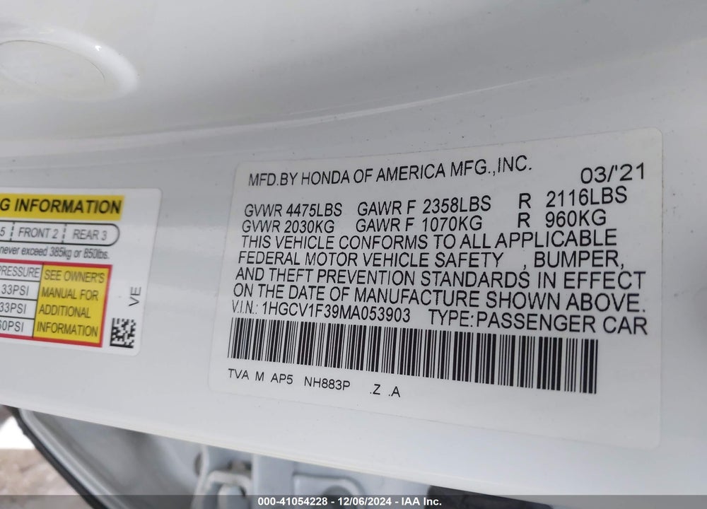 2021 HONDA ACCORD VIN: 1HGCV1F39MA053903