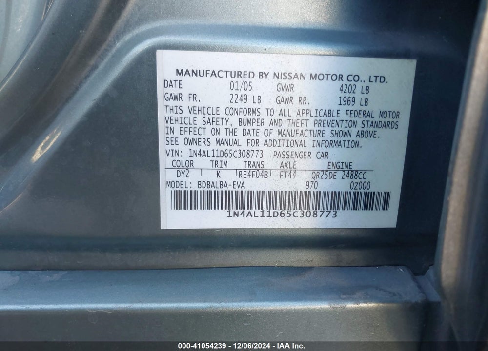 2005 NISSAN ALTIMA 2.5 S VIN: 1N4AL11D65C308773