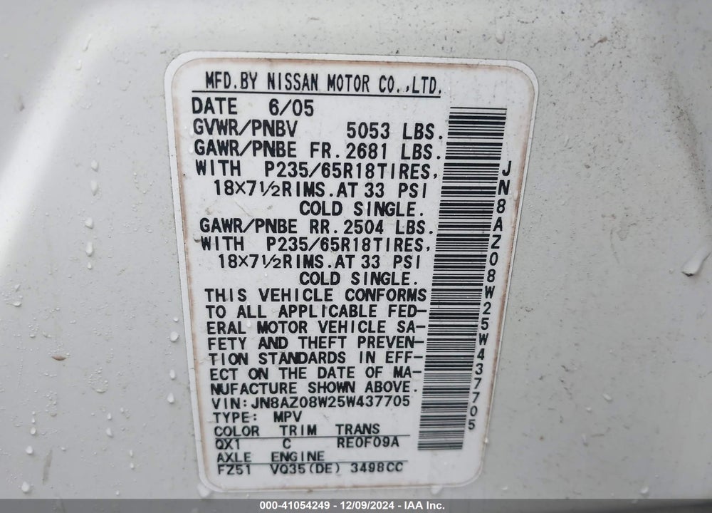 2005 NISSAN MURANO SL VIN: JN8AZ08W25W437705