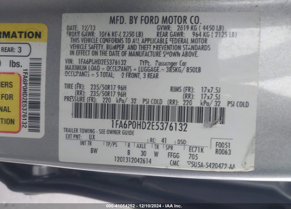 2014 FORD FUSION VIN: 1FA6P0HD2E5376132